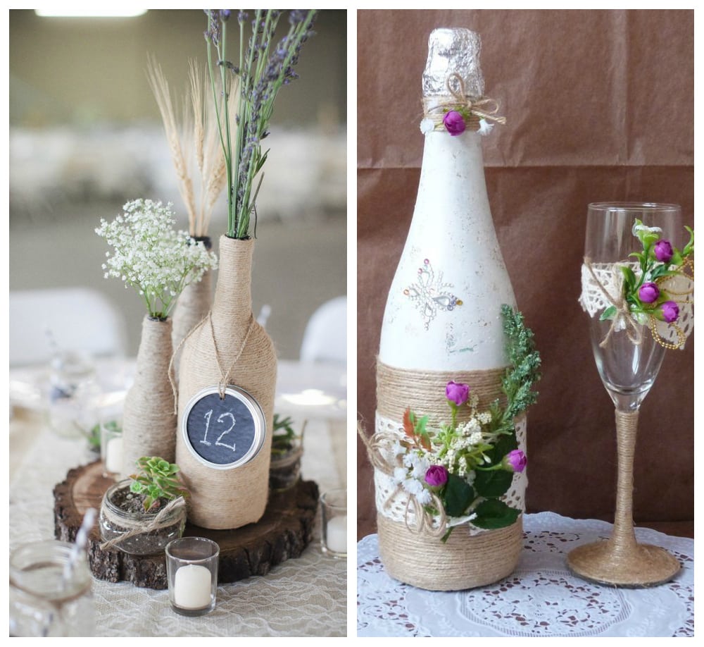 Шампанское в стилях «рустик» и «natural» | Как украсить шампанское на свадьбу своими руками